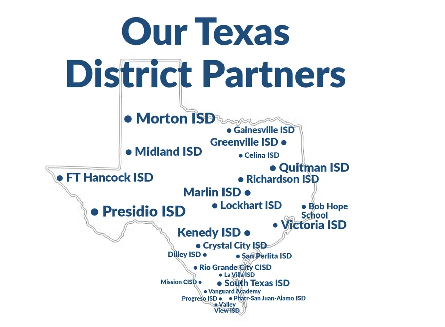 Map of Texas showing K12 Coalition district partners